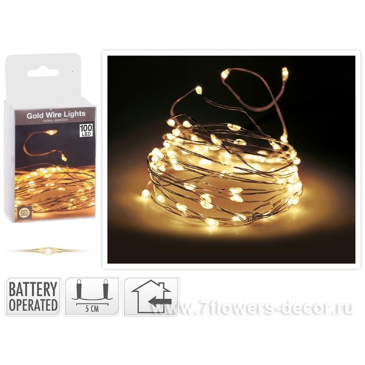 Эл.гирлянда, 100LED теплый свет, D5мм, зол.провод, внутр.исп.