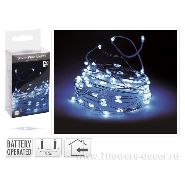 Эл.гирлянда, 40LED холодный свет, D5мм, серебр.провод, внутр.исп.