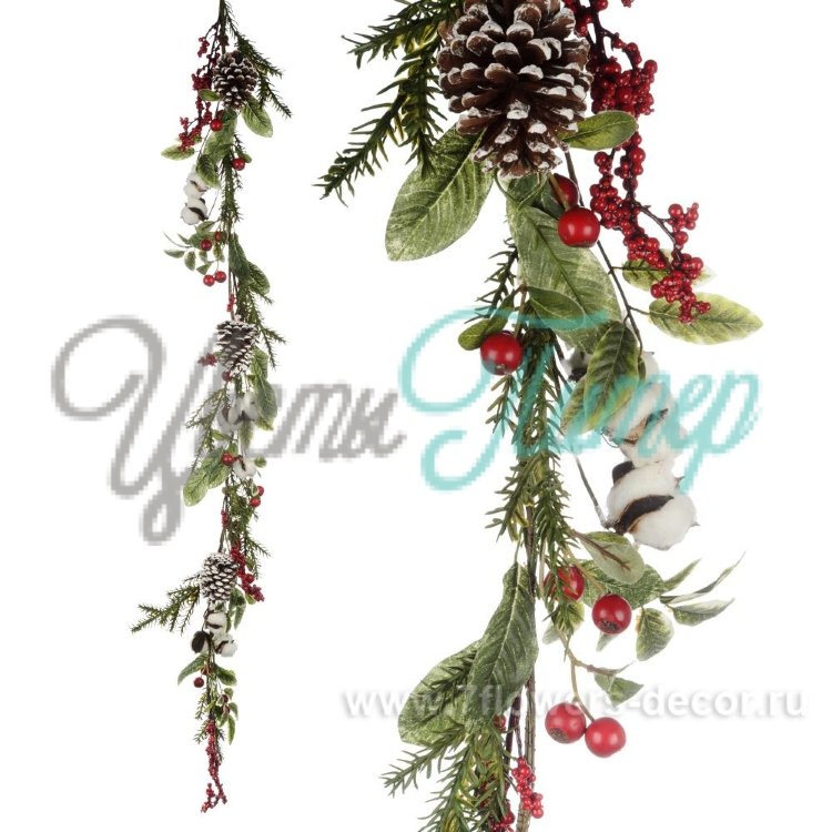 Гирлянда еловая с шишками; ягодами и хлопком искусств.; 150см
